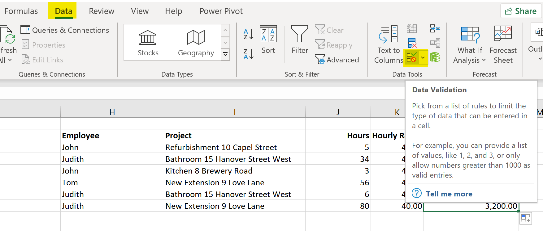Time tracking in Excel Project Hours