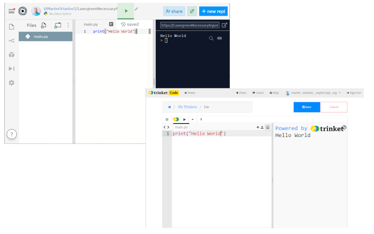 screenshots of example online IDEs