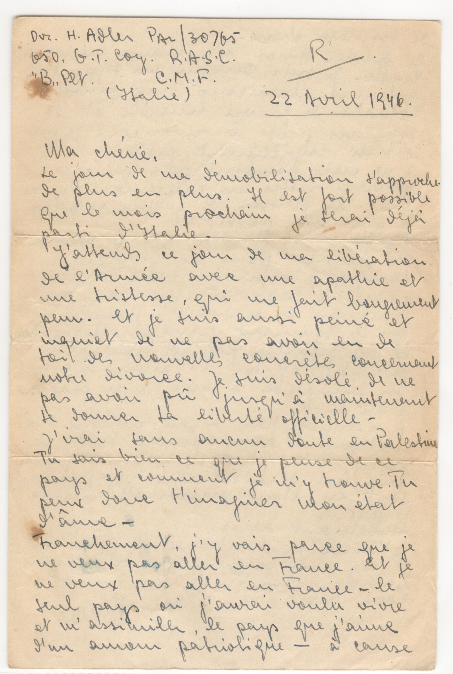 Letter 1946.8 22 April. Henri (650 Gen Tpt Coy) to Yvette Projet Henri