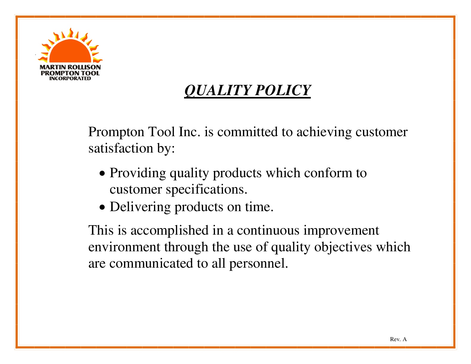 QUALITYPOLICY001 MRI/Prompton Tool, Inc.