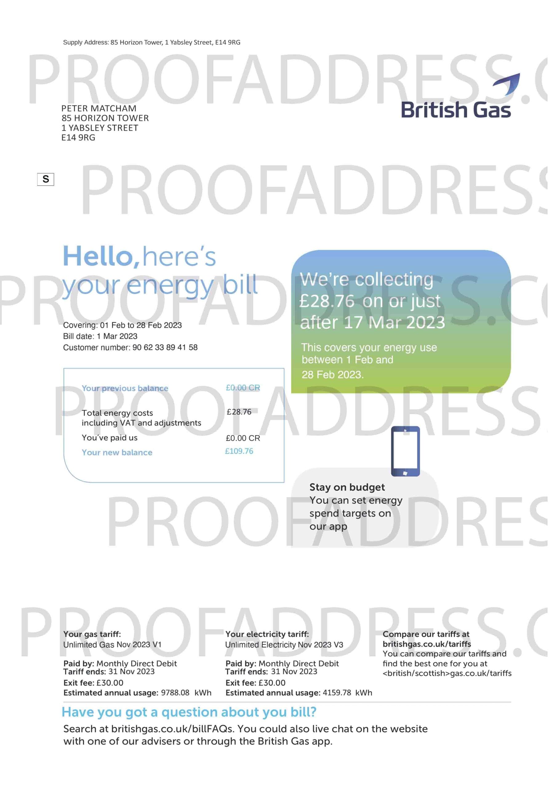 Order utility bill British Gas Instant Delivery Custom info