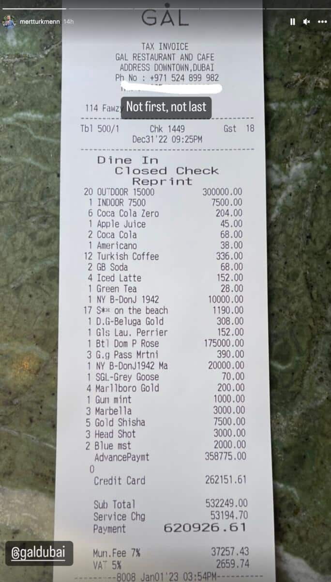 Dubai Restaurant's Bill of Rs. 38 Million on New Year's Eve Goes Viral