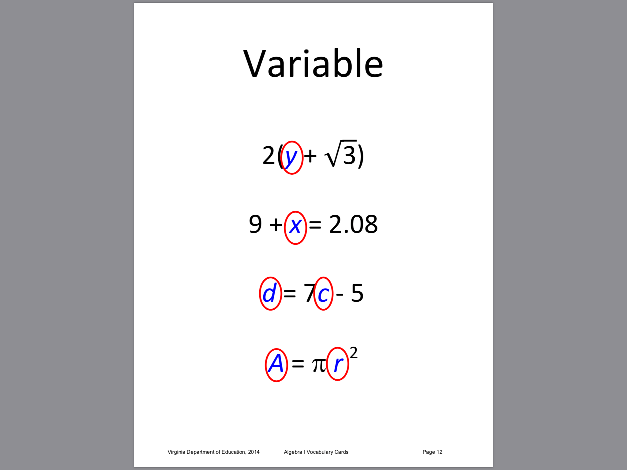 Expressions and Operations Algebra RTI Flash Cards Pt. 1 Flashcards by