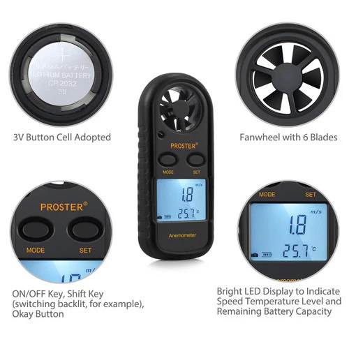 Proster Digital Anemometer Handheld LCD Air Flow Wind Speed Meter Ther