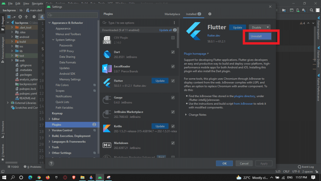 How to uninstall flutter from android studio