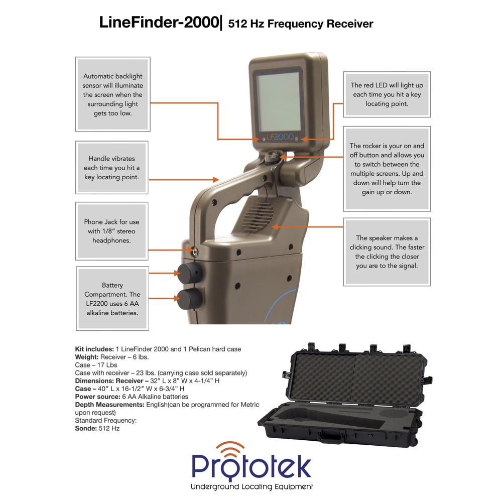 LineFinder 2000 with Case | 512 Hz Locator Reciever | Prototek