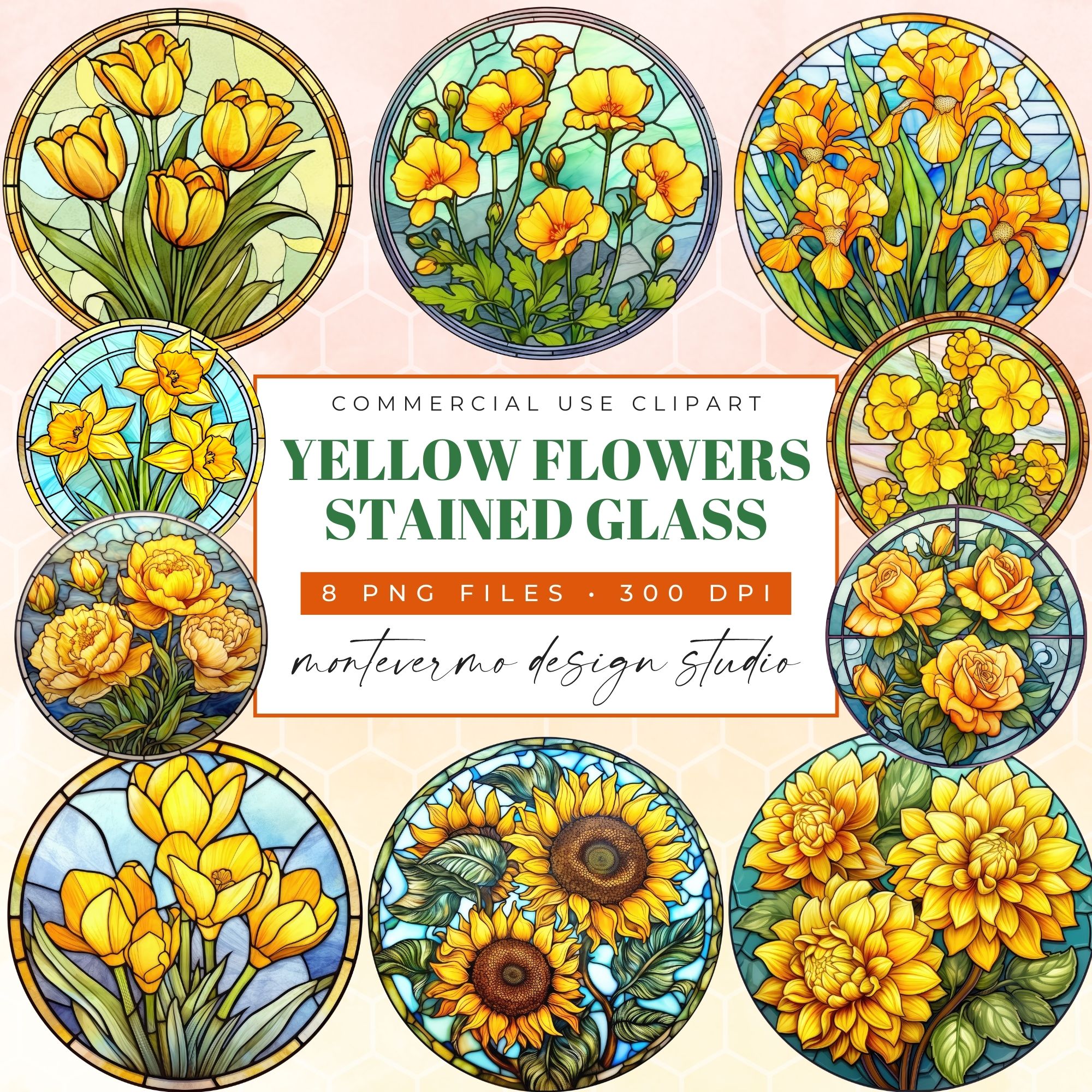 Watercolor Stained Glass Yellow Flowers Clipart Bundle Provence