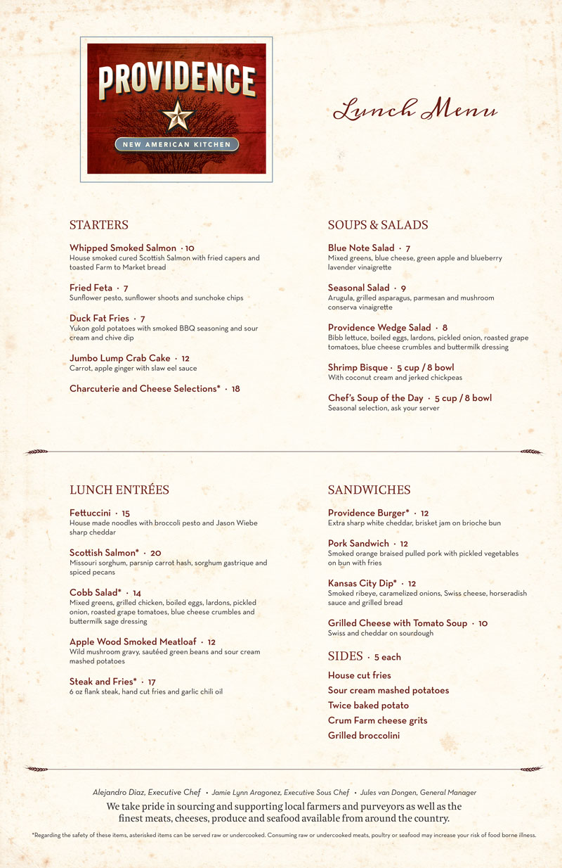 Providence New American Kitchen Menus