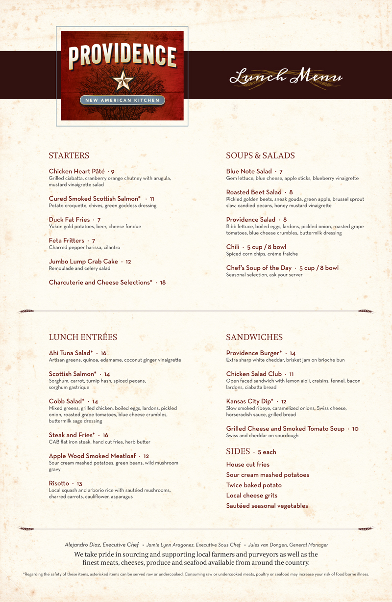 Providence New American Kitchen Menus