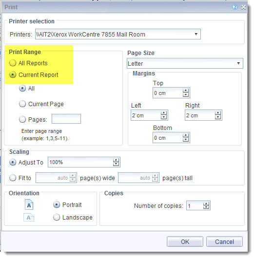 How can I print just one report when I have multiple report tabs in a document?