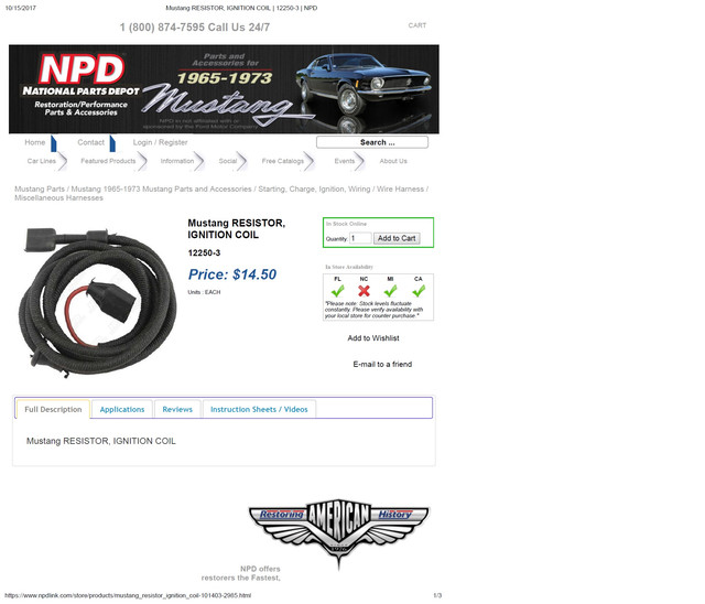 Ignition Resistor Wire '71 '73 Vintage Ford Mustang Forum