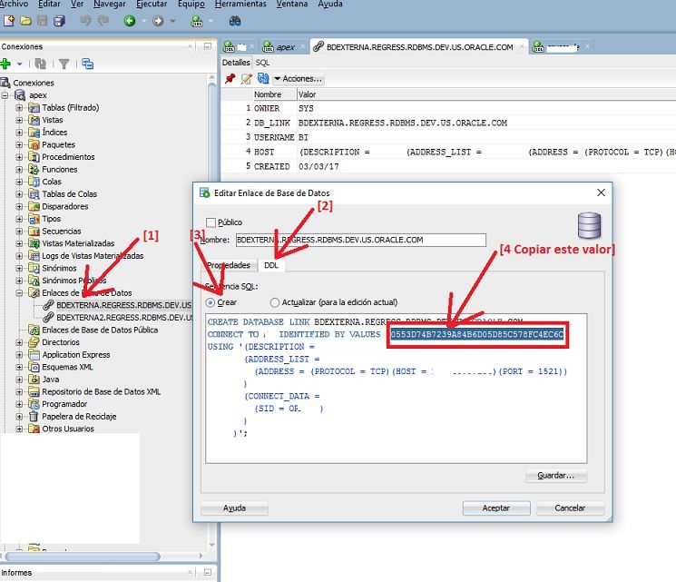 Error ORA01017 al crear DBLINK en Apex de Oracle Proyecto A
