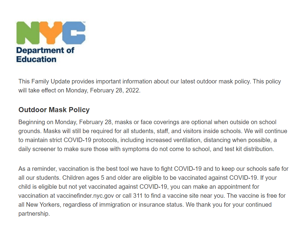 Mask Policy Update PS 205Q Alexander Graham Bell