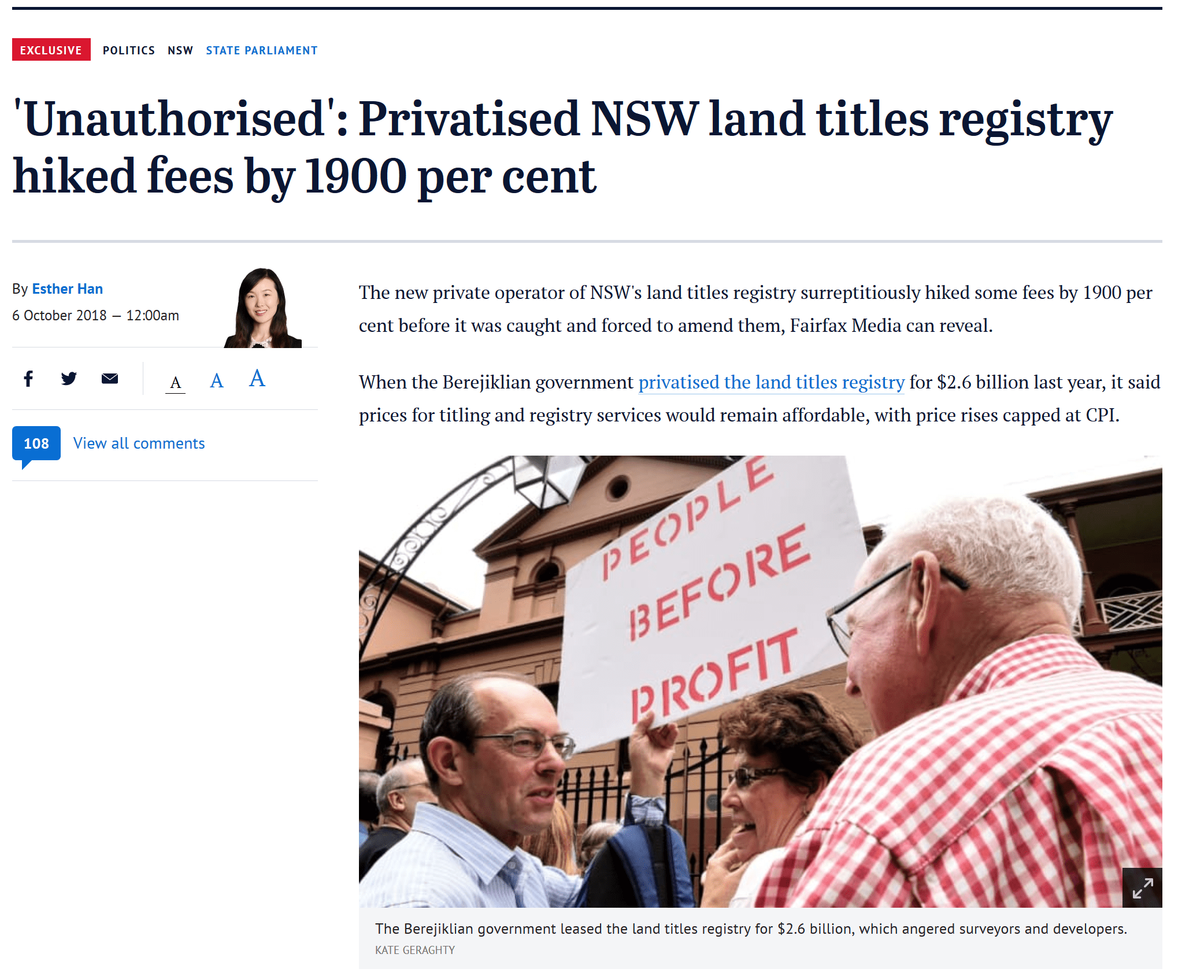 Privatised NSW Land Titles Registry hiked fees by 1900 per cent