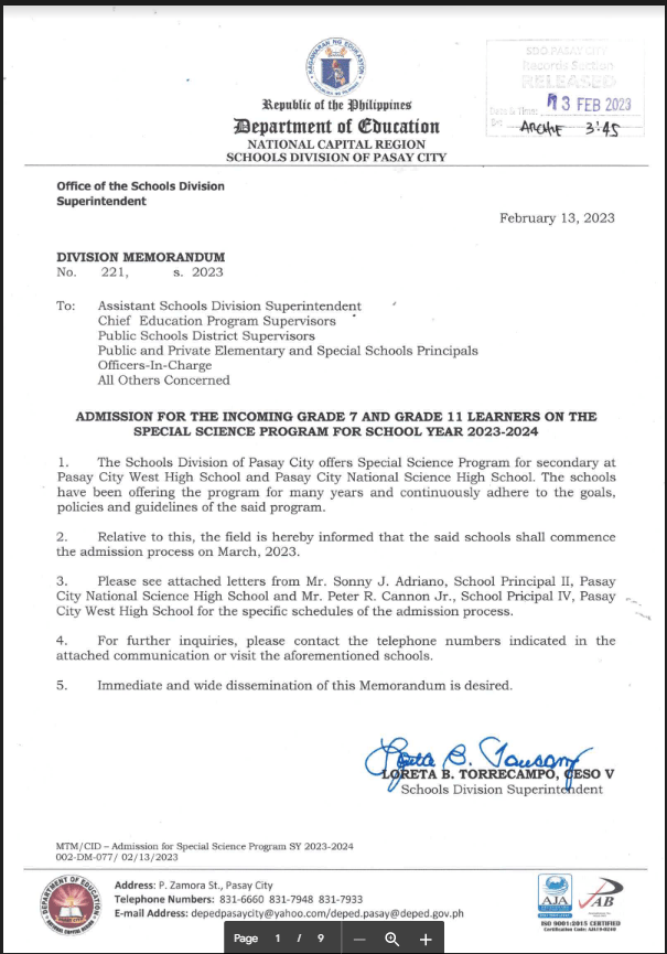 [Campus News] Admission for the Grade 7 and Grade 11 Learners