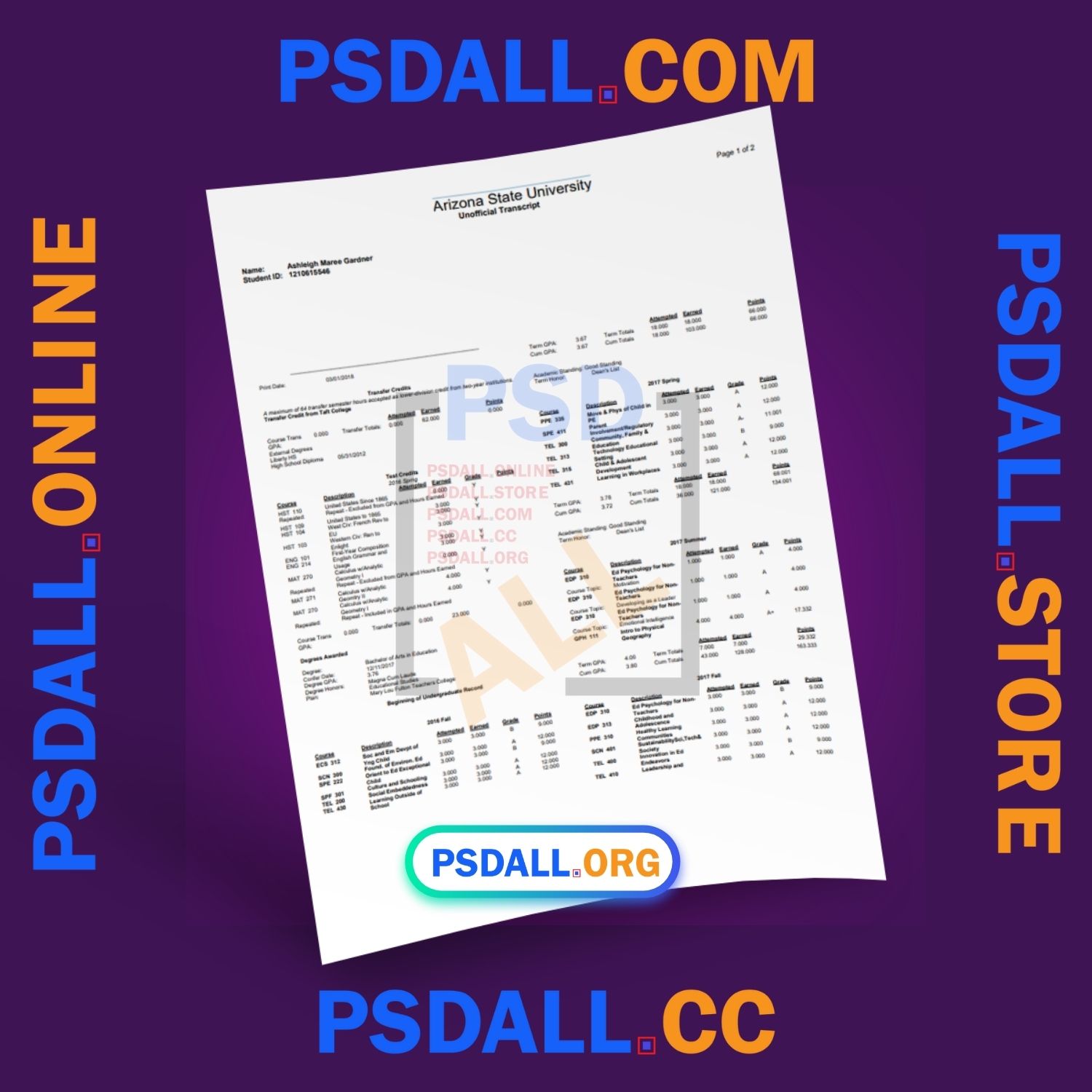 Arizona State University Transcript Template in PDF Format