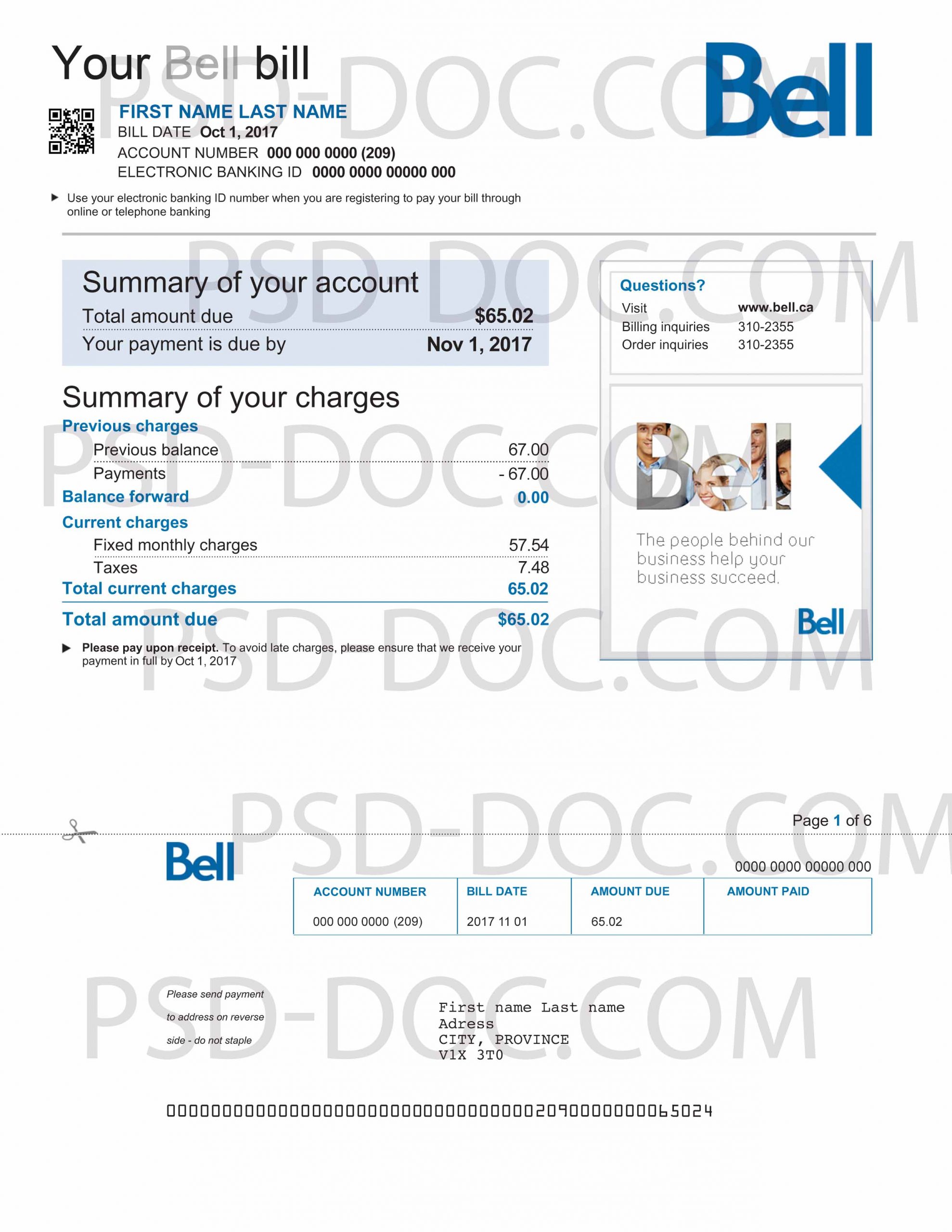 Utility bill Bell Canada PSD Store