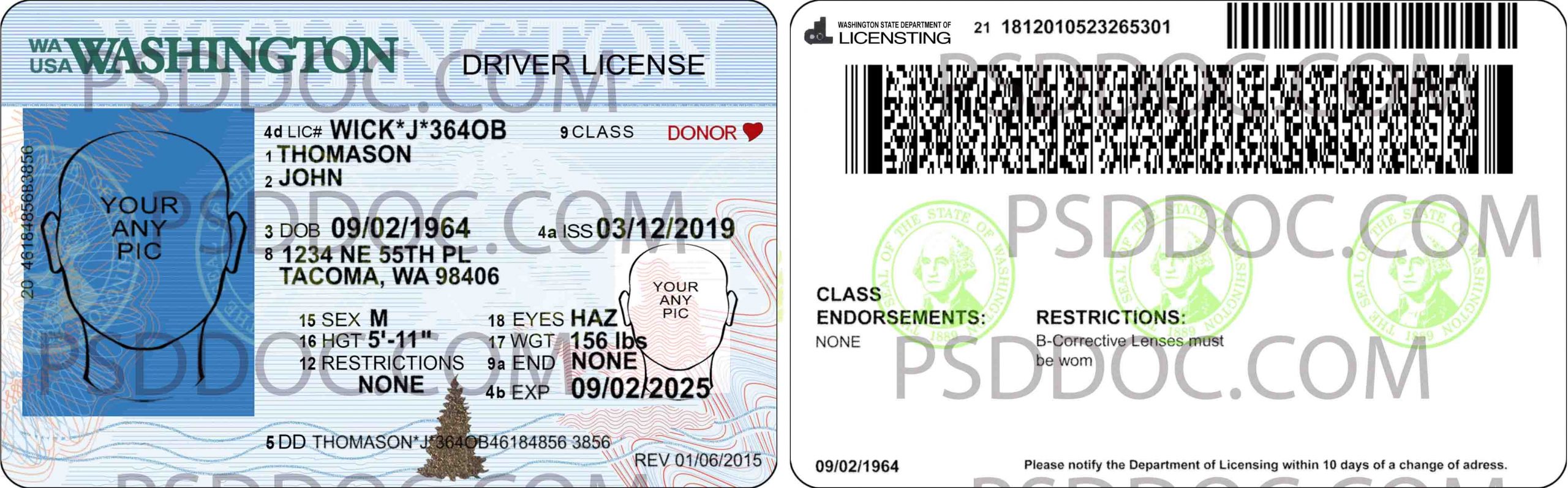 USA Washington Driver License front back sides PSD Store