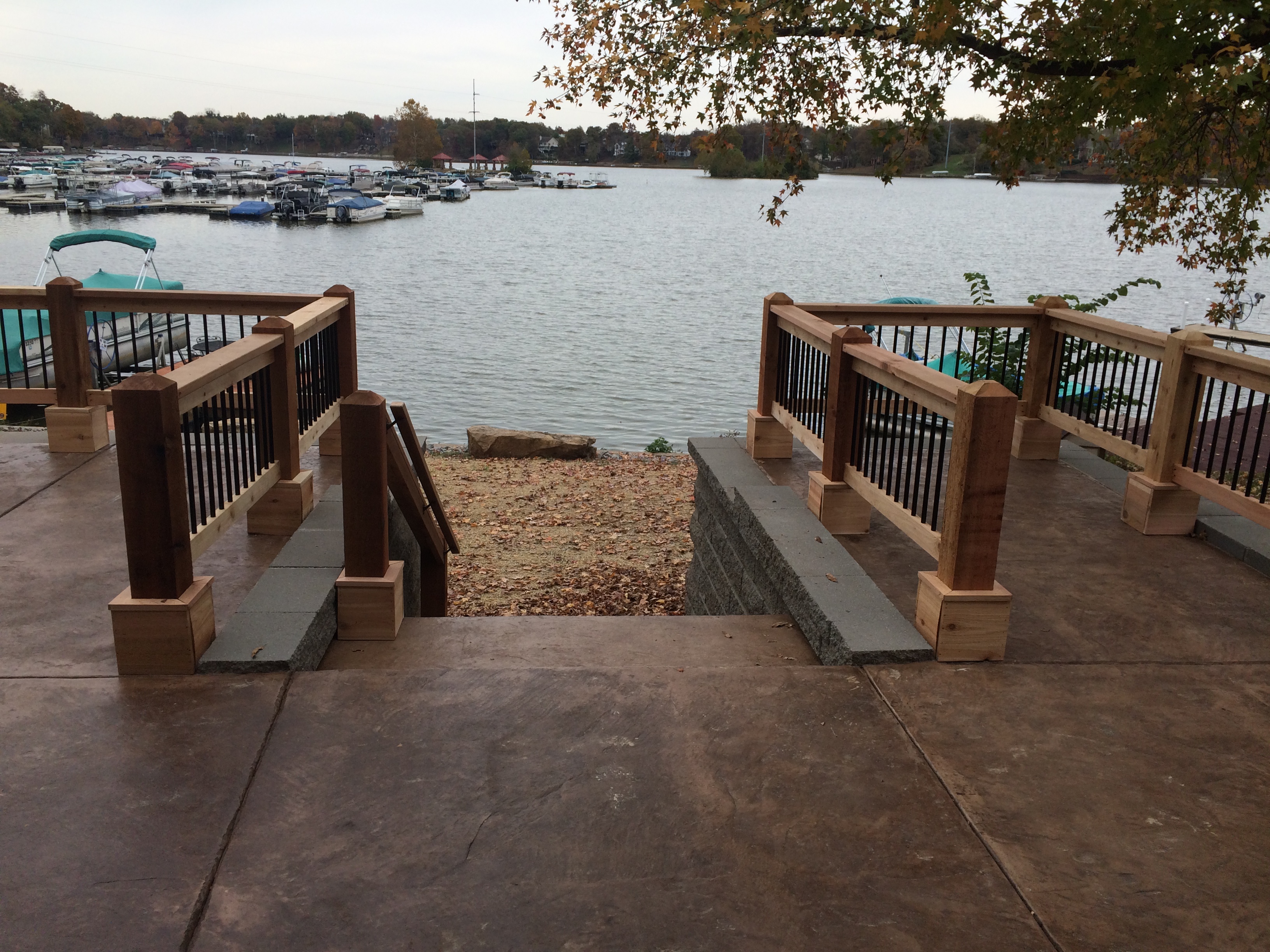 Lake St. Louis Stamped Patio, Deck Railing and Steps to Lake Area