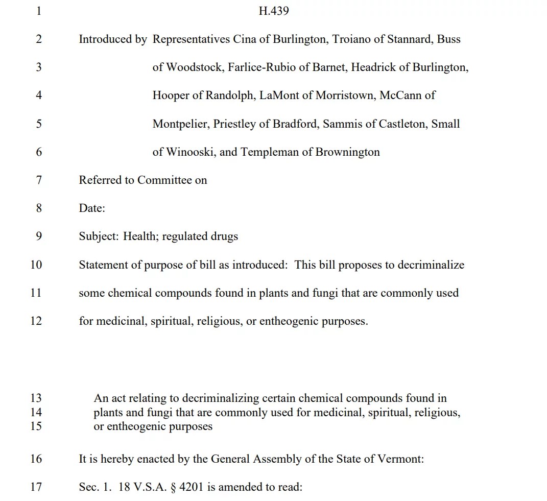 Vermont Legislators File 4 Bills that Would Legalize Psychedelics and