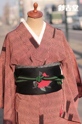 5MKO418 和服 着物 袷着物 オレンジ系 小紋 ツヤ感