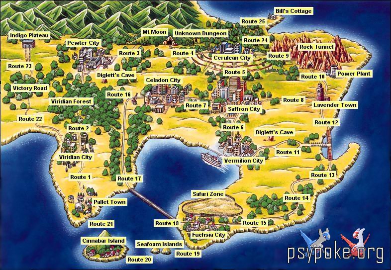 Pokemon Red, Blue and Yellow World Map