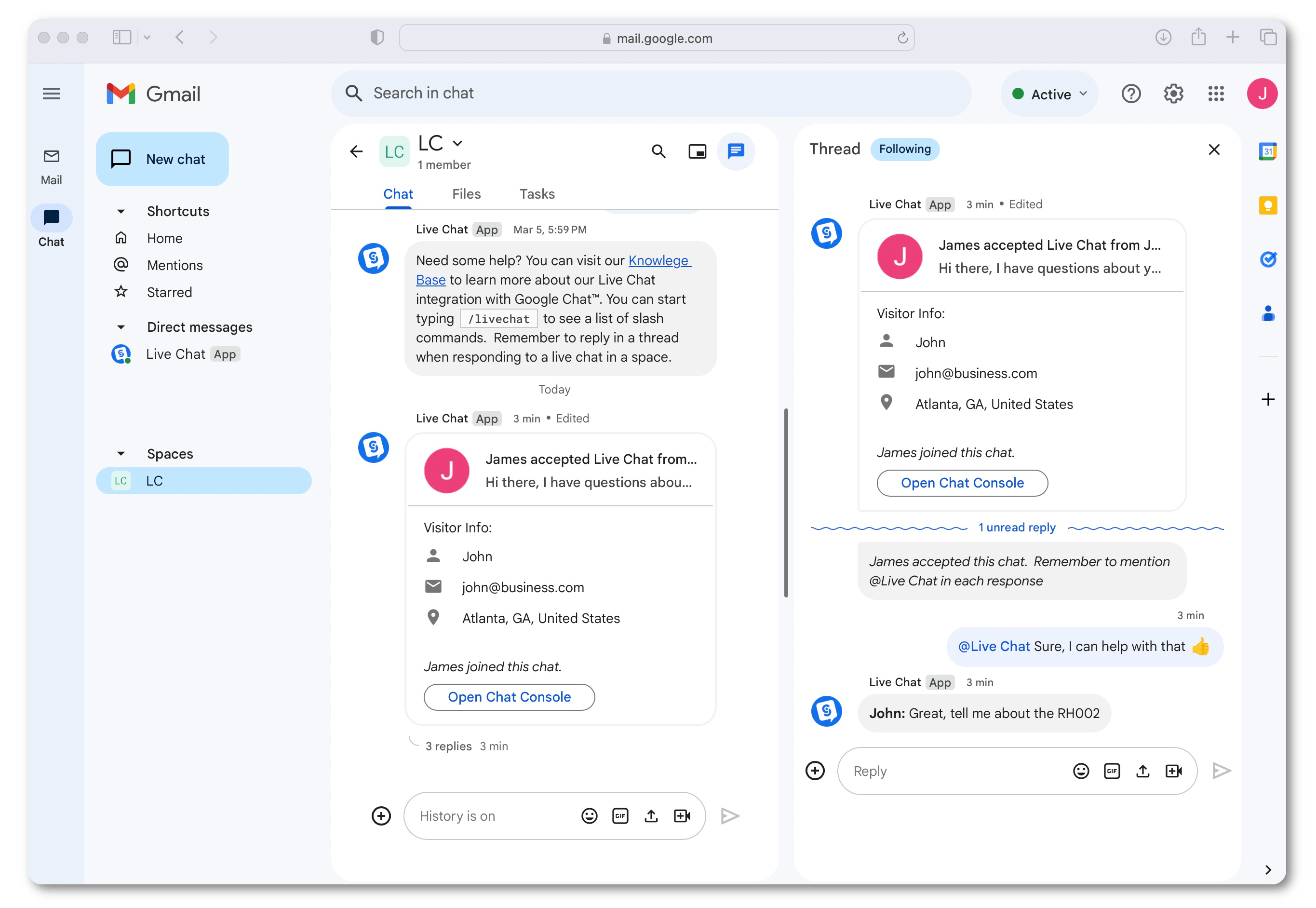Google Live Chat Chat ao vivo para o Google Chat e o Gmail