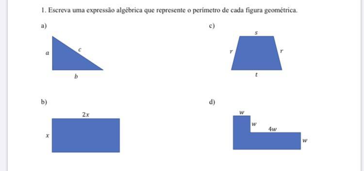 Escreva uma expressão algébrica que represente o perímetro de cada figura geométrica Brainly
