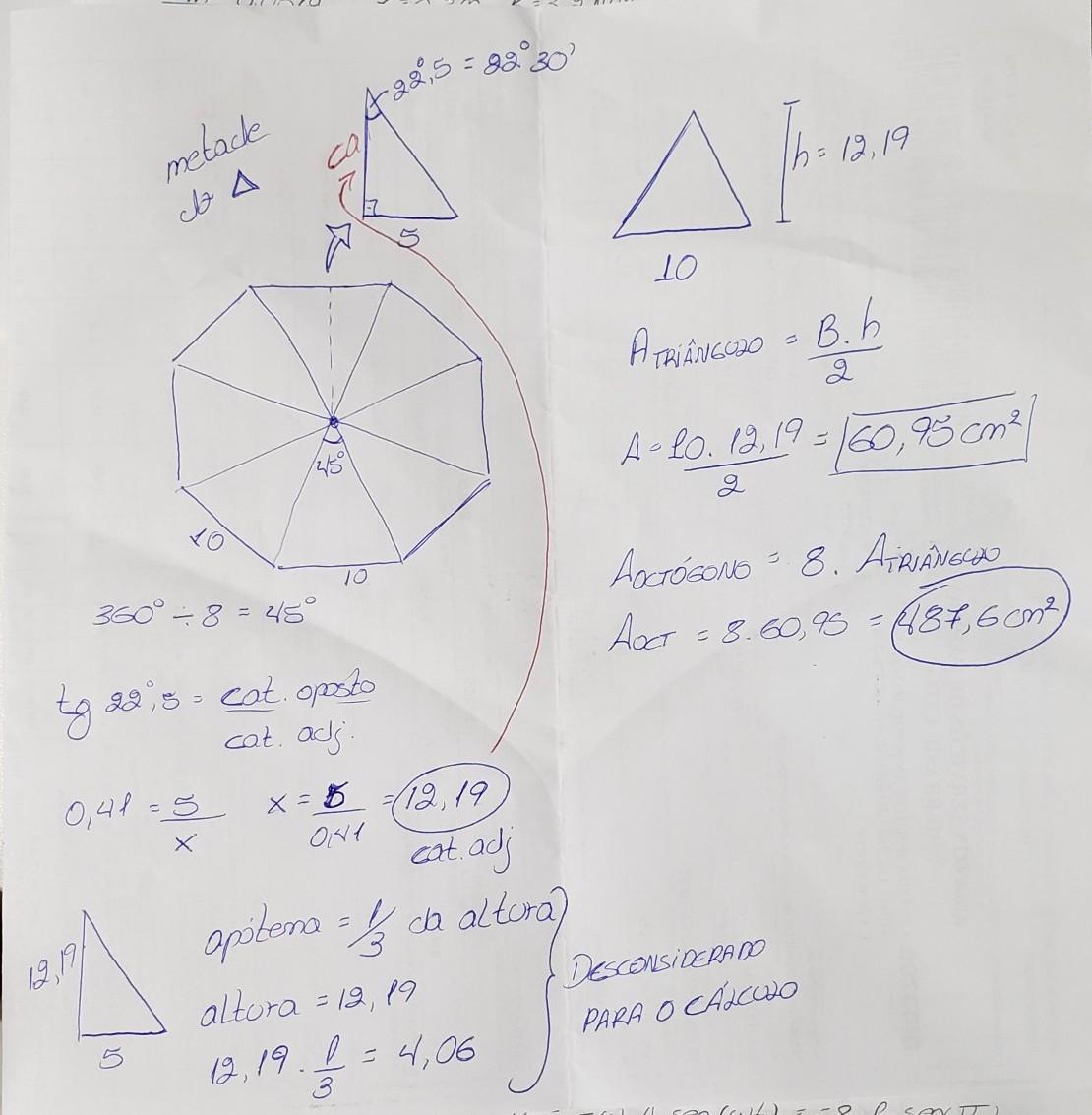 Um octógono regular te 10 cm de lado. Sabendo que a medida a do apótema do octógono regular pode