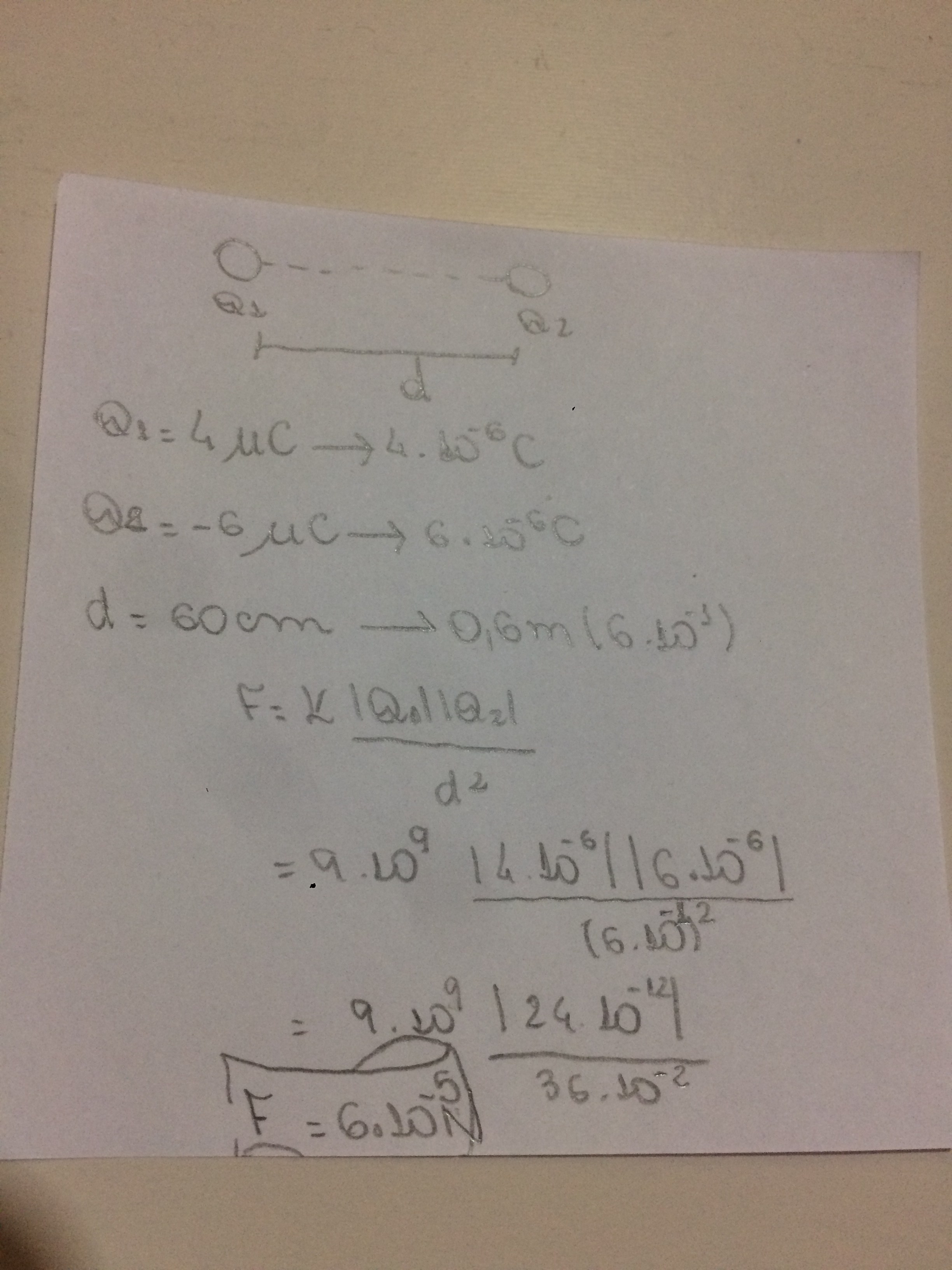 duas cargas eletricas puntiformes, Q1=4uC e Q2=6 uC estão colocadas no