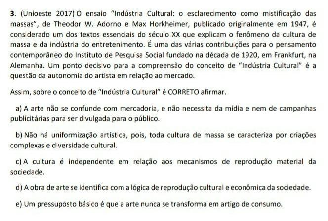 (Unioeste 2017) O ensaio “Indústria Cultural o esclarecimento como