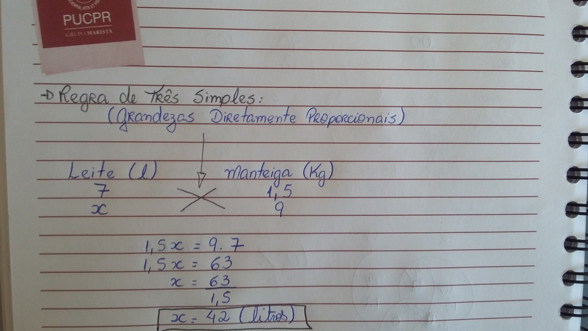 sete litros de leite dão 1,5 quilos de manteiga. Quantos litros de
