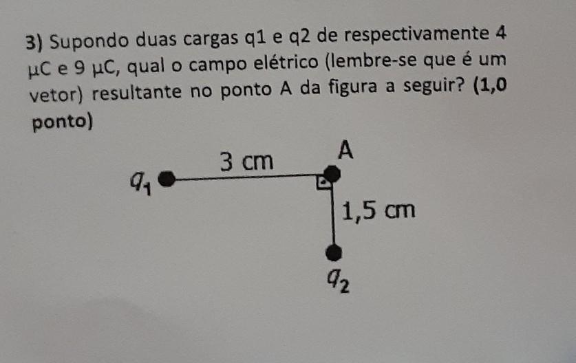 3) Supondo duas cargas q1 e q2 de respectivamente 4uCe 9 uc, qual o
