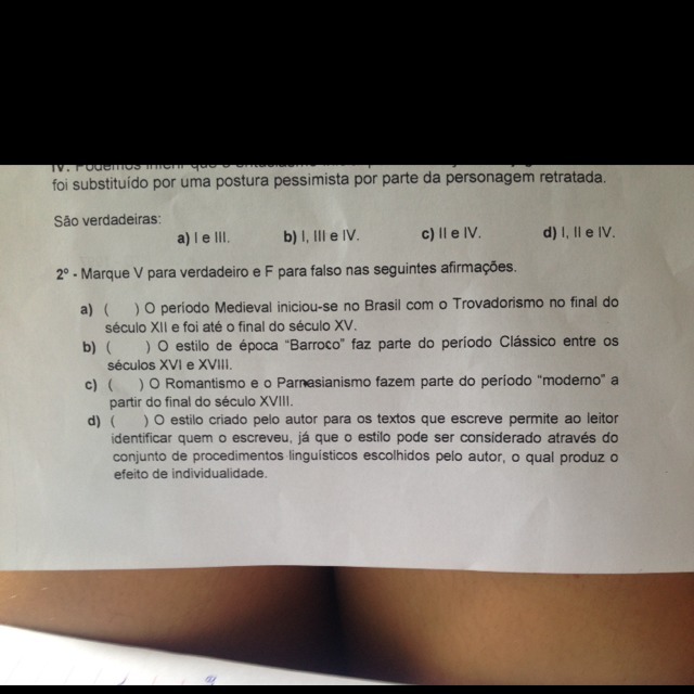 Marque V para verdadeiro e F para falso nas seguintes
