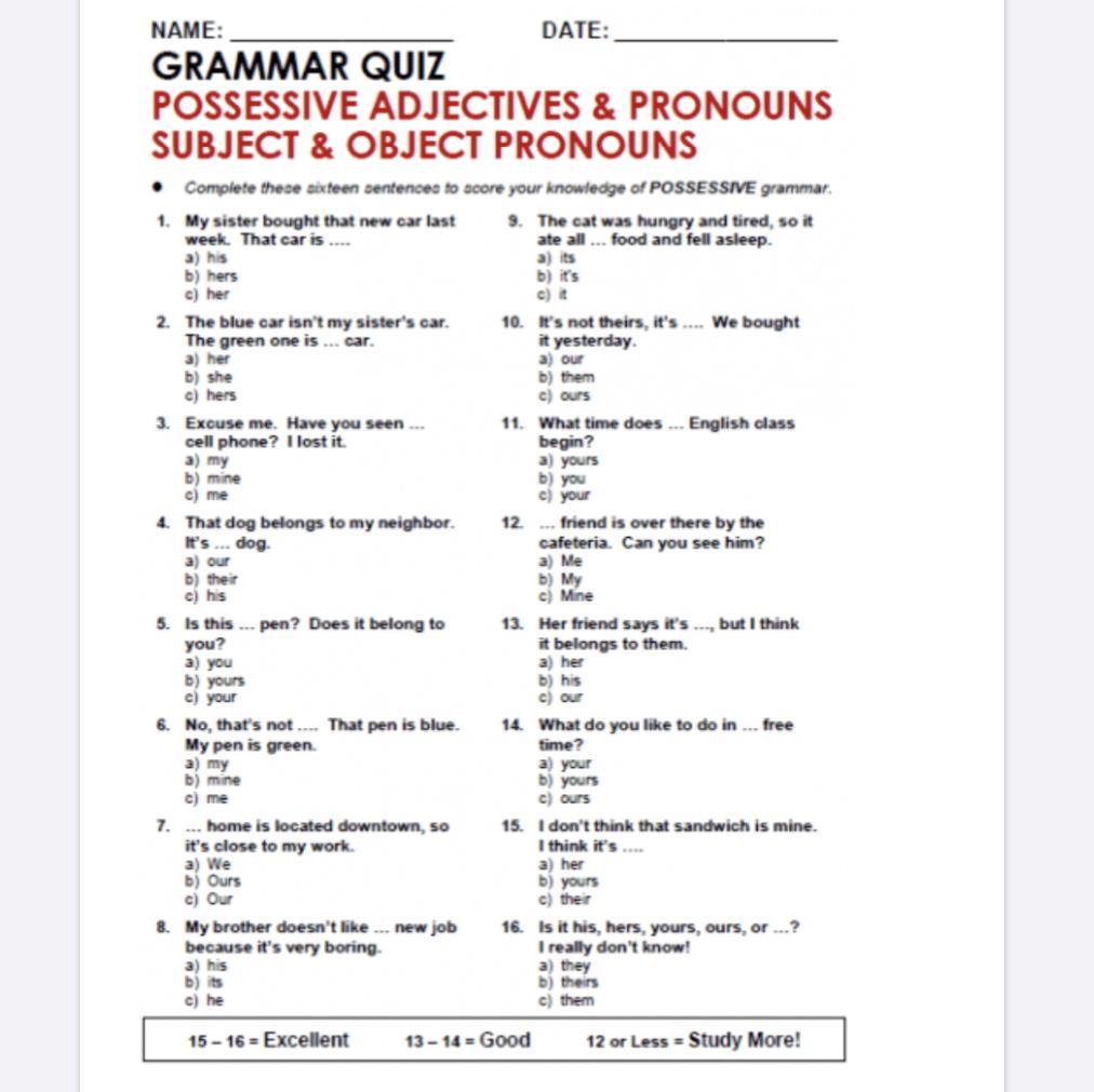 Possessive adjectives e pronouns subject e object pronouns