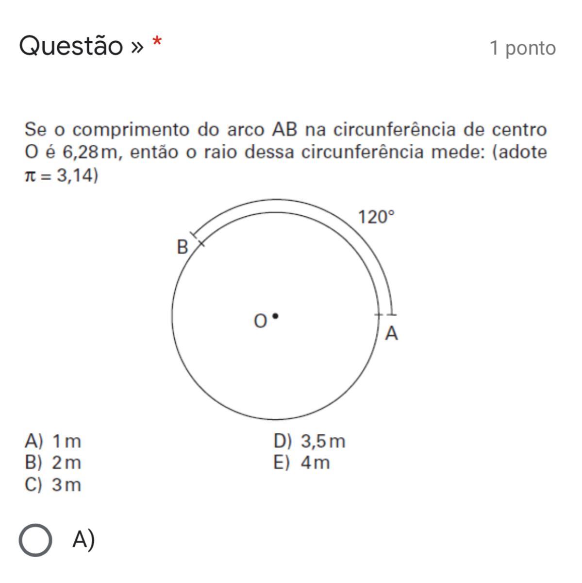 Se o comprimento do arco AB na circunferência do centro O