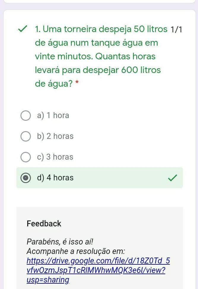 . Uma torneira despeja 50 litros de água num tanque água em vinte