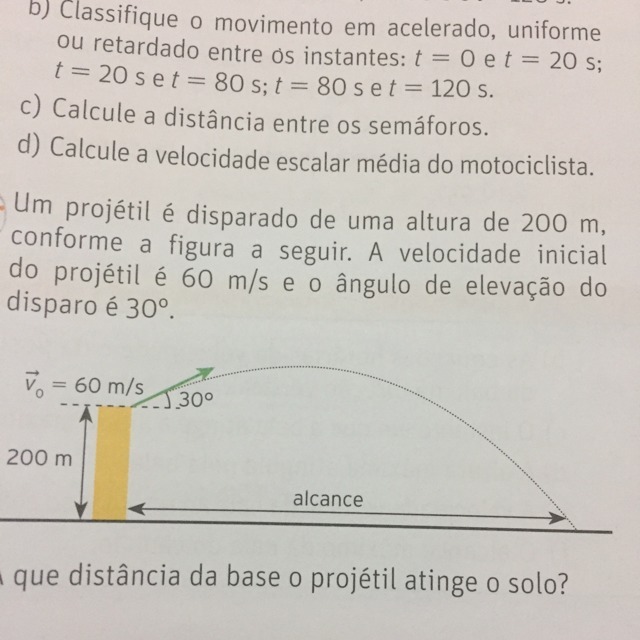 Um projetil é disparado de uma altura de 200m conforme a figura a