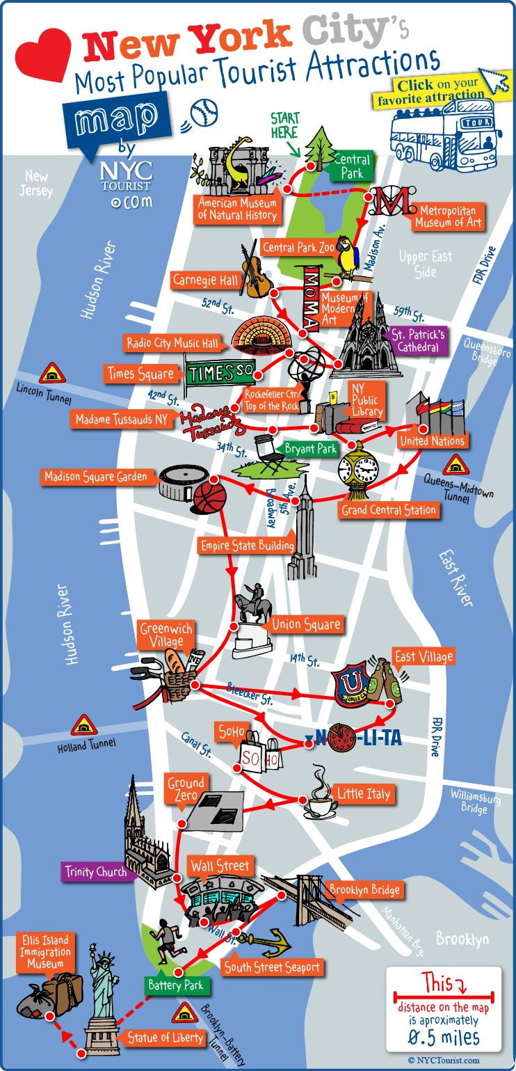 Mapa turístico de Nova York monumentos e passeios