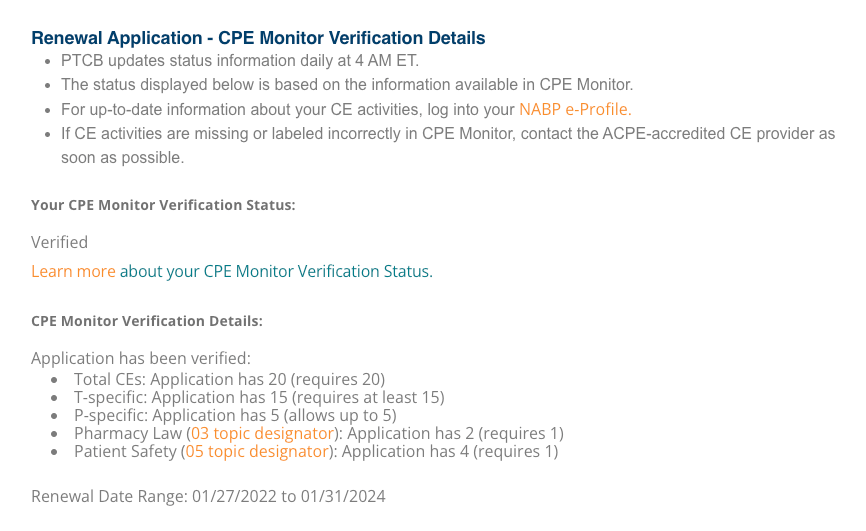 What does my renewal application CE verification status mean? PTCB