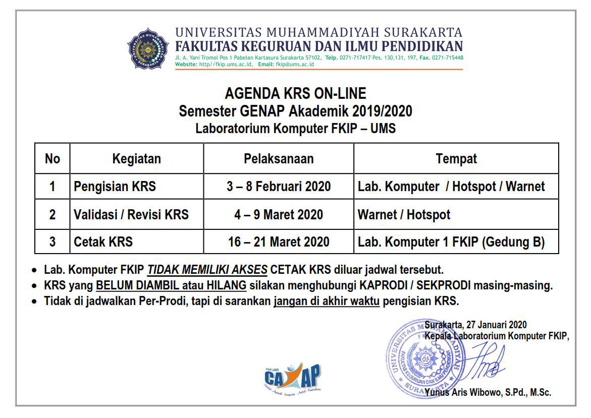 Jadwal Pengisian dan Cetak KRS Sem. Genap 2019/2020