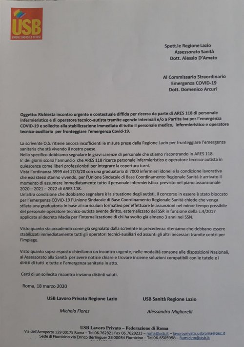 Usb Pubblico Impiego: Covid-19: Usb Diffida La Regione Lazio Per La Ricerca Di Personale Per Ares 118 710_x_500_jpg