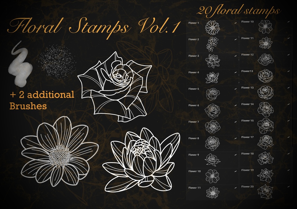 20 floral stamps for Procreate vol 1. + 2 additional brushes.