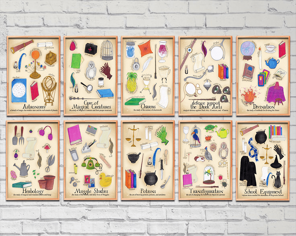 Hogwarts classes, Hand drawn Harry Potter prints, Set of 10 prints