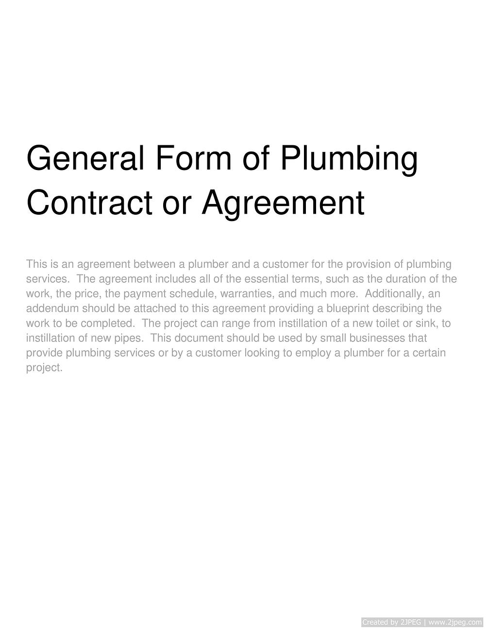 General Form of Plumbing Contract or Agreement