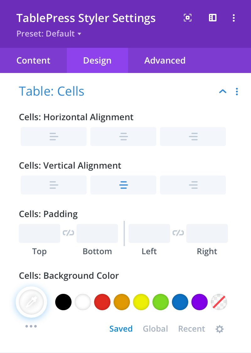 Table Cells Design Tab TablePress Styler Docs DiviModules