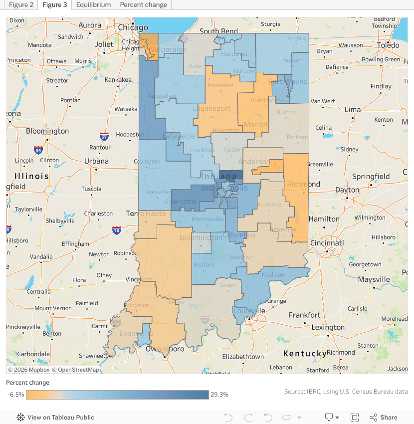 Population growth across Indiana's legislative districts (NovDec 2021)