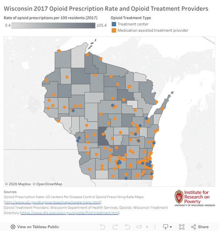 Wisconsin opioid prescription rates by county, with opioid treatment