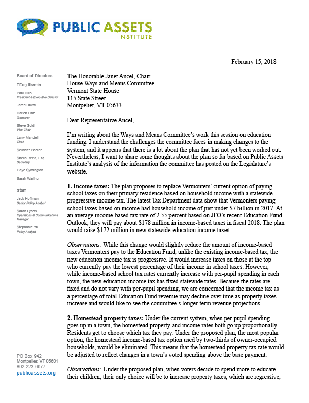 Letter to House Ways & Means, Feb. 15, 2018 Public Assets Institute