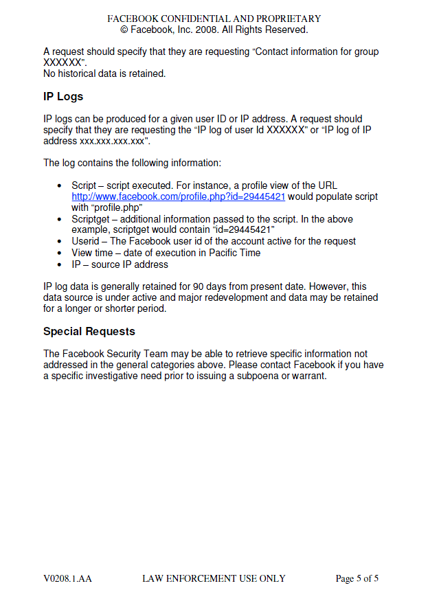 Confidential Facebook Law Enforcement Subpoena Guides 20072010 Public Intelligence